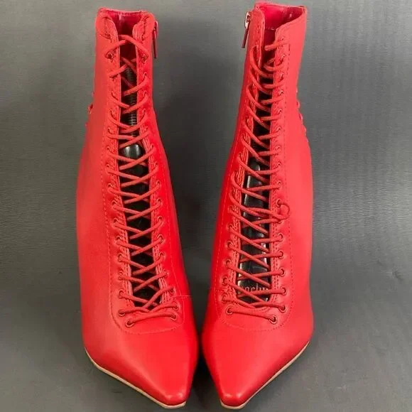 Steve Madden Red Allnight Leather Laced Stiletto Heel Booties womens size 6 new - Picture 1 of 10